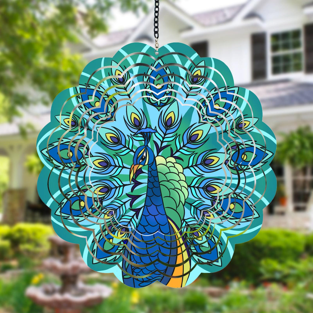 DKJOCKY Peacock Wind Spinner Outdoor Decor shimmering in sunlight