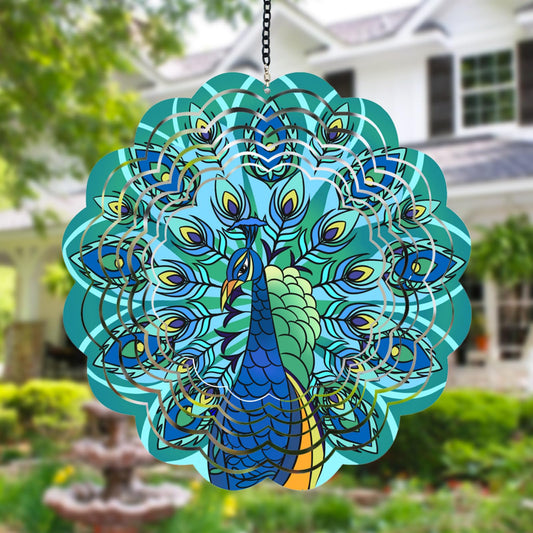 DKJOCKY Peacock Wind Spinner Outdoor Decor shimmering in sunlight