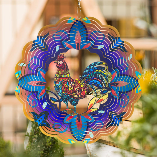 DKJOCKY Rooster wind spinner, front view, durable 15-inch garden decor for outdoor display.