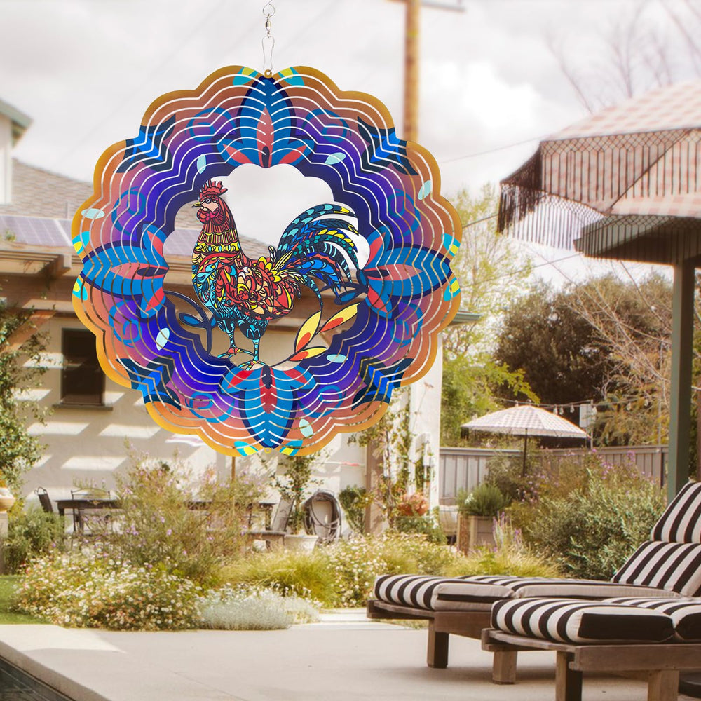 DKJOCKY Rooster wind spinner, night glow option for outdoor ambience.