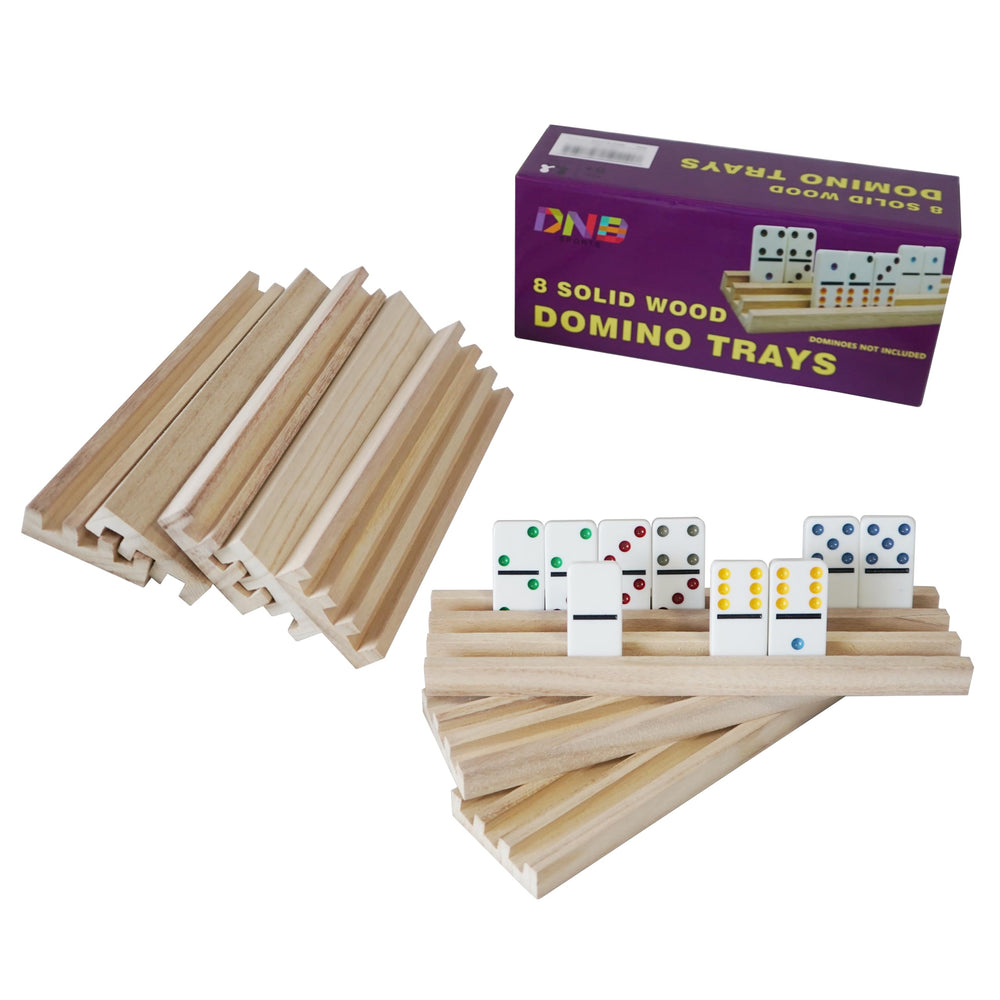 DNB Sports wooden domino rack side view showing organized dominoes within reach.