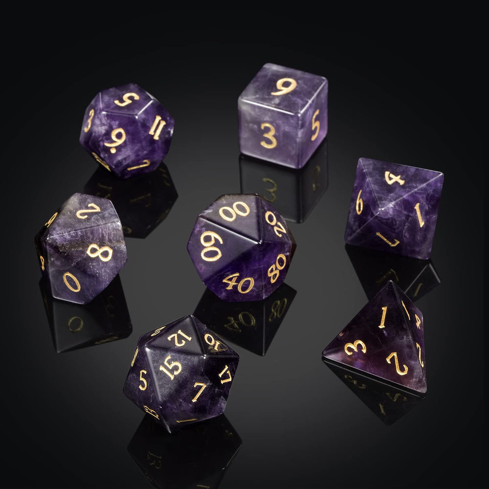 DNDND Amethyst D6 dice close-up showing natural gemstone pattern for RPG nights