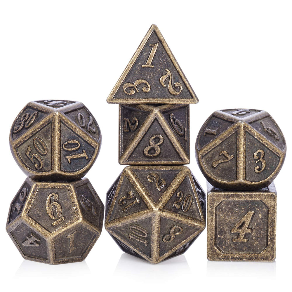 DnDnD ancient brass dice set on table for immersive RPG sessions.