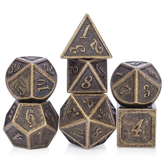 DnDnD ancient brass dice set on table for immersive RPG sessions.