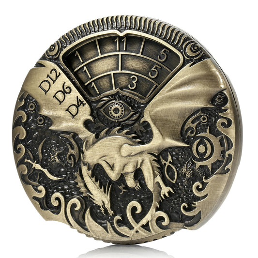 DNDND brass 7-in-1 spinner dice top view for epic tabletop sessions.