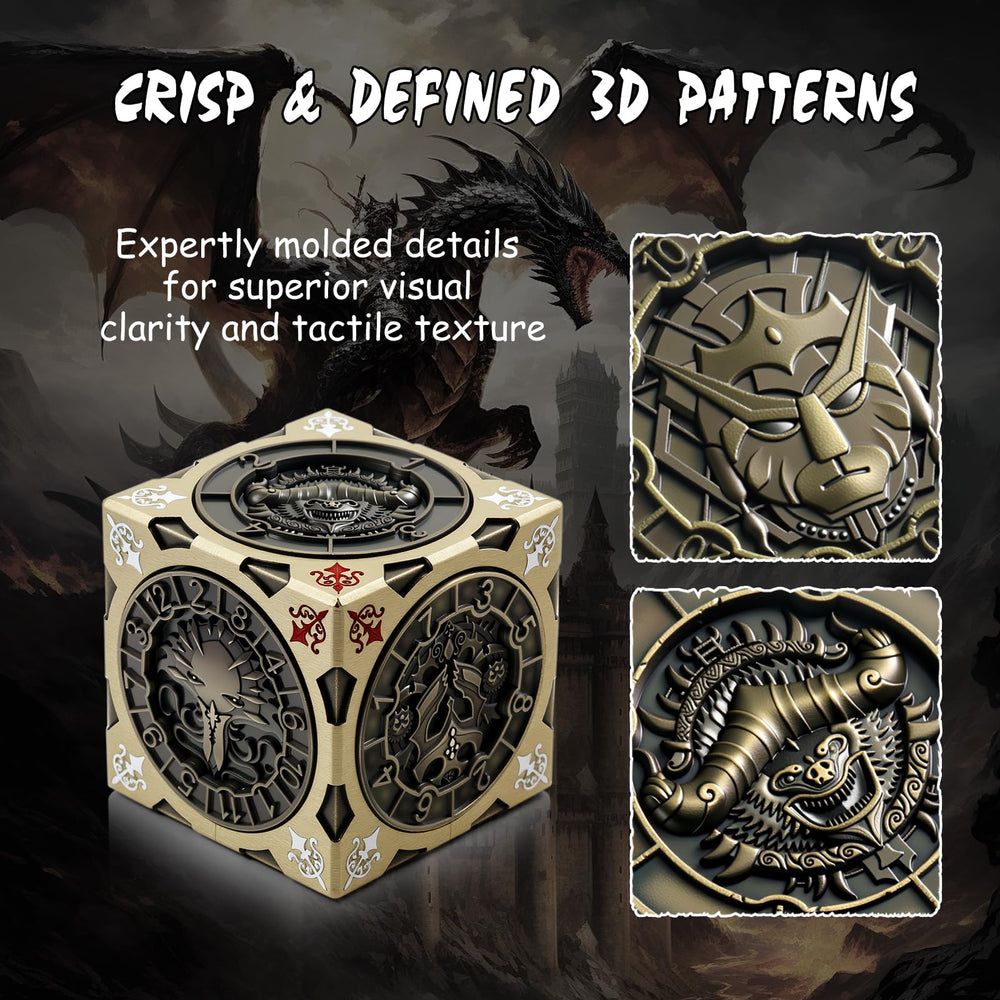 DNDND brass dice cube side view shows a sleek balanced profile.