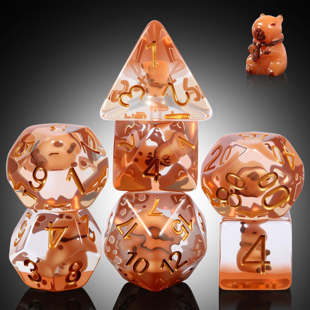DNDND Capybara D4 dice with tiny capybara inside for whimsical tabletop fun.