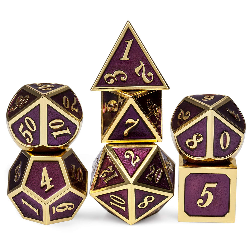 DNDND seven-piece dice set in dark purple with gold numbers for RPG sessions.