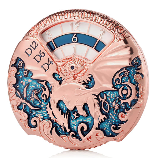 DNDND dragon roulette 7in1 dice in rose gold and teal for immersive RPG play.