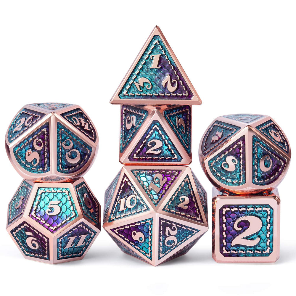 DNDND dragon-scale dice set in teal and purple with copper edge for standout tabletop visuals.