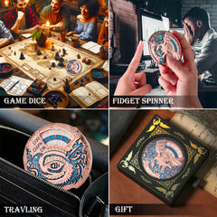 DNDND dragon-weapon motif dice in rose gold teal, bold aesthetic for epic sessions.