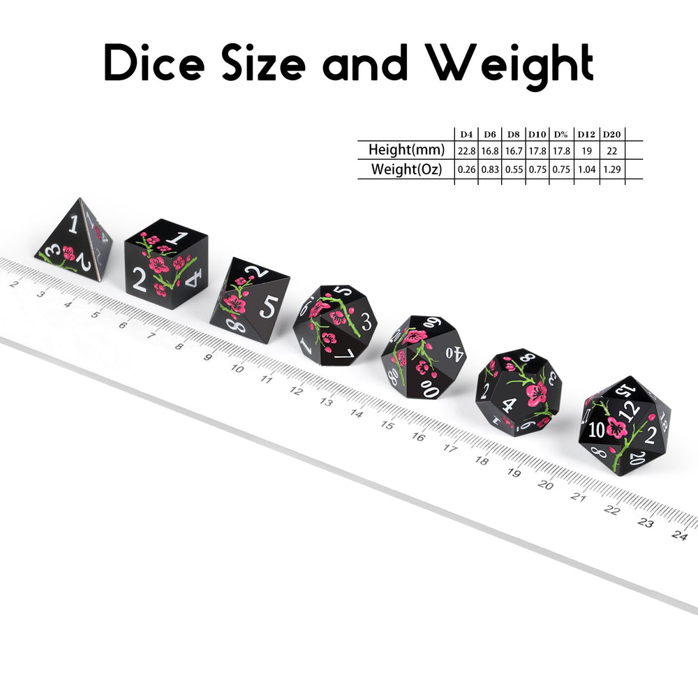 DNDND flower metal dice D12 in matte black with pink flower, durable during campaigns.