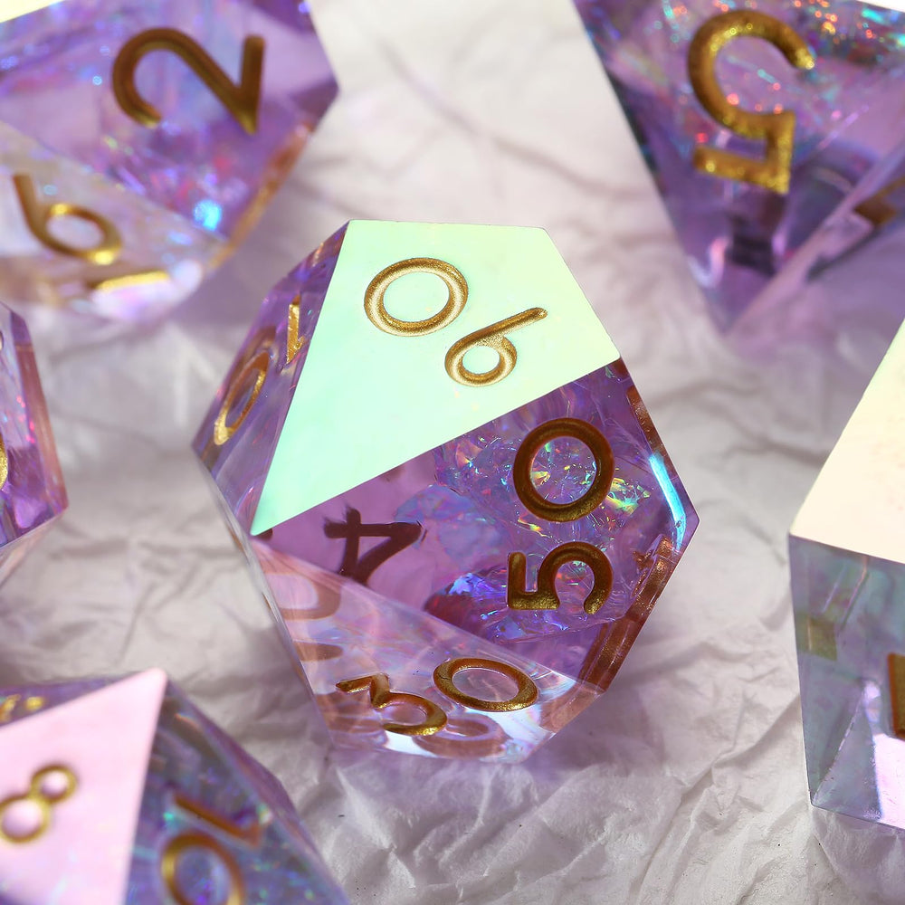 DNDND iridescent lilac D10 dice ideal for crisp number reads.