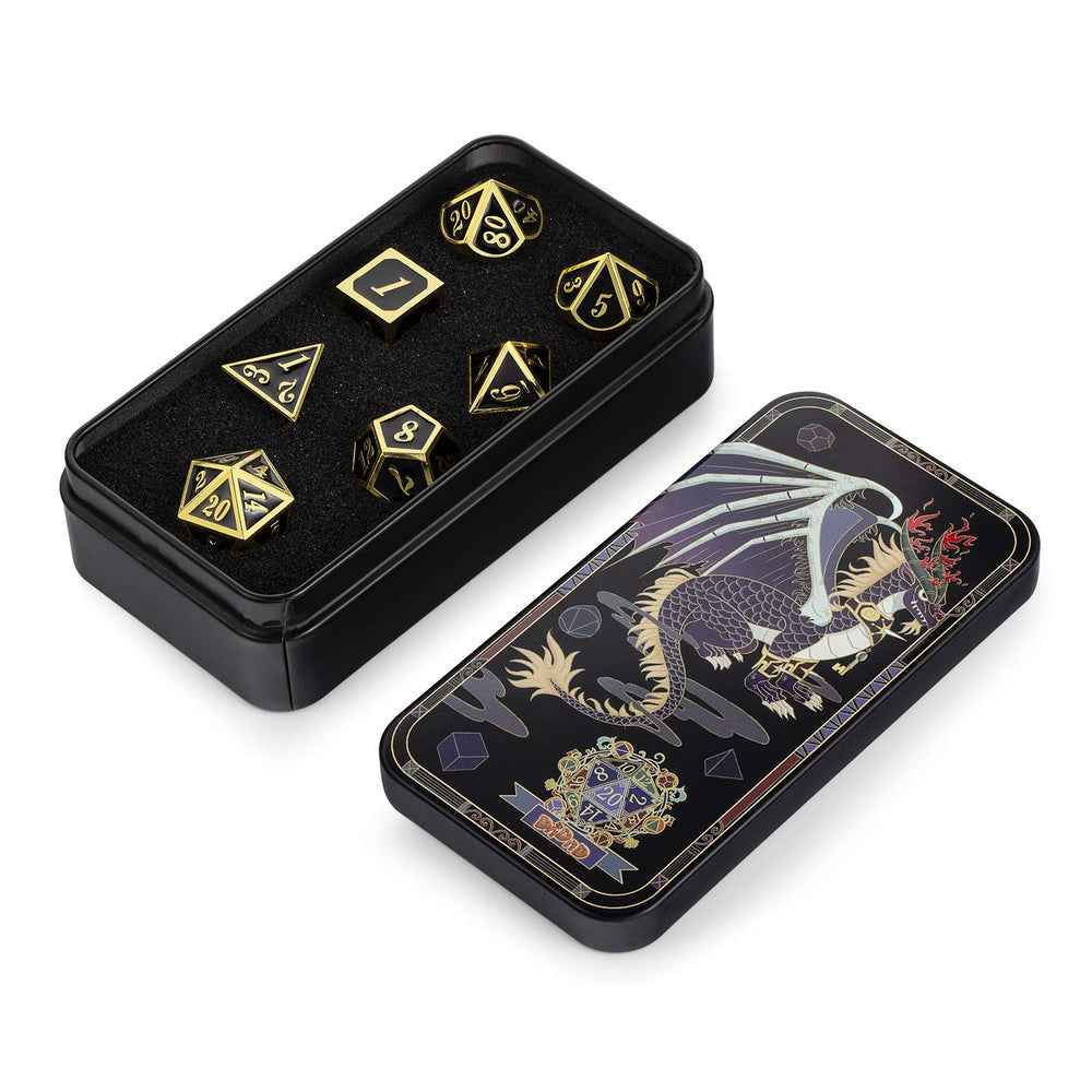 DNDND black-gold dice combo with D4–D12 displayed, showcasing durability and legible numerals.