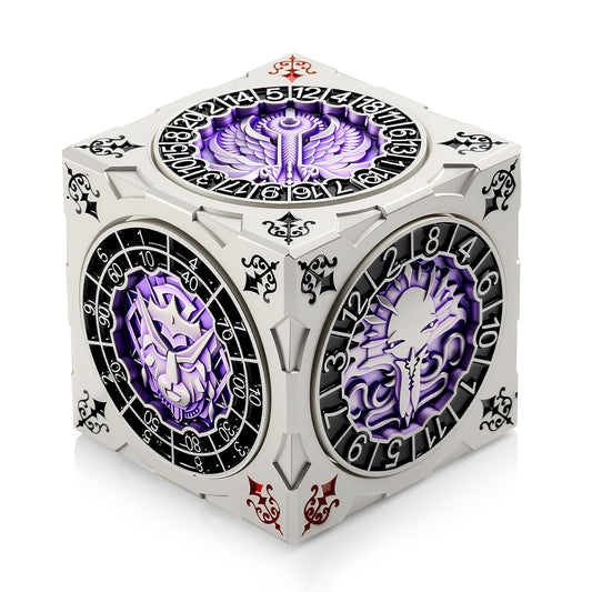 DNDND spinner dice cube in silver-purple finish showcasing premium design and table-ready style.