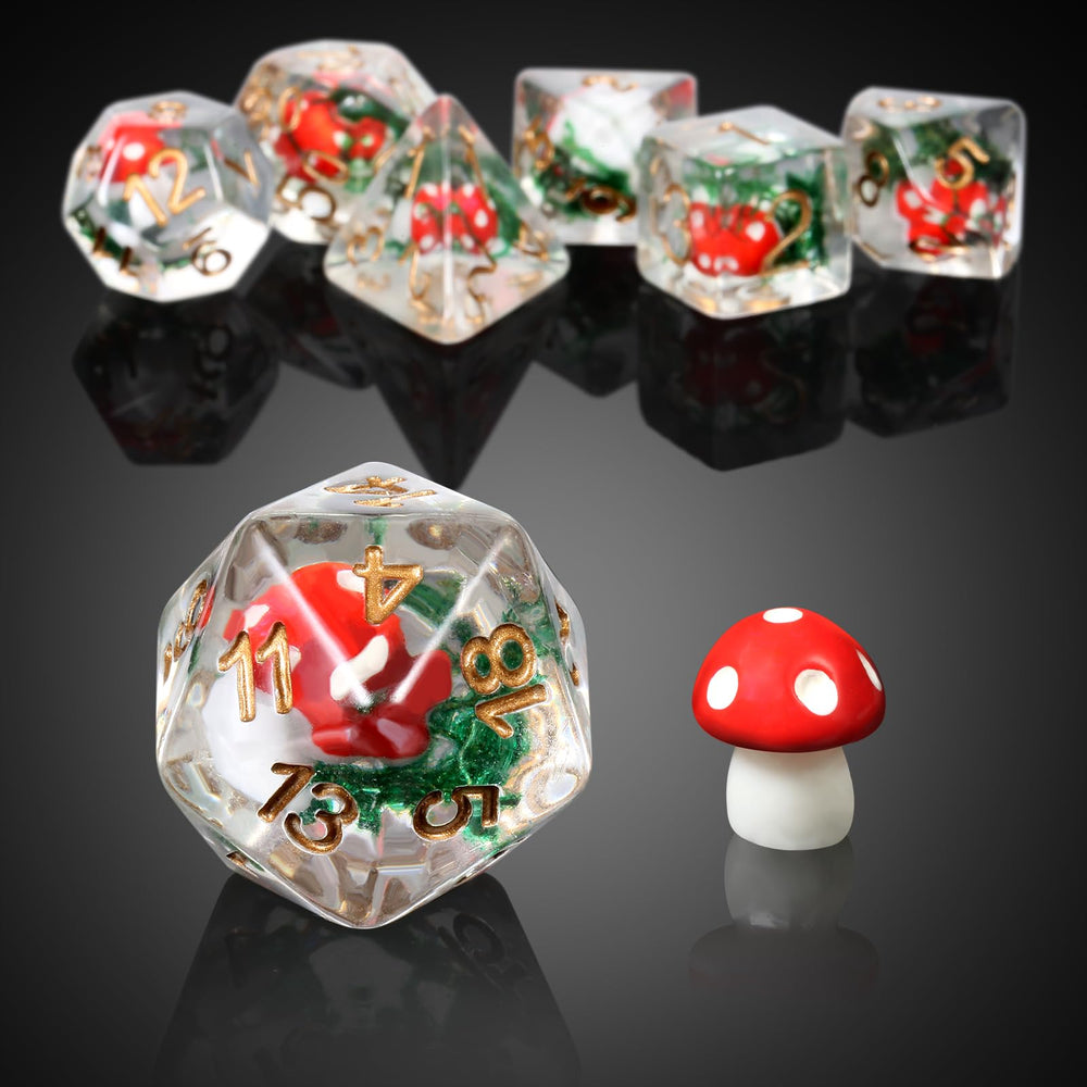 DNDND mushroom dice set with red hues and D10–D12 faces for RPG.