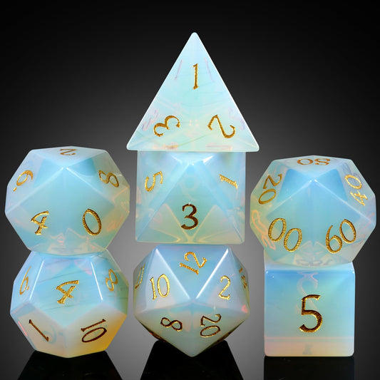 DNDND Opal 7pc dice set in gift case for stylish tabletop display