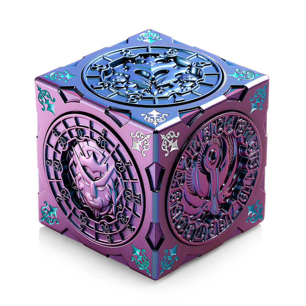 DNDND purple-to-blue chameleon spinner dice top view with color-shift finish.