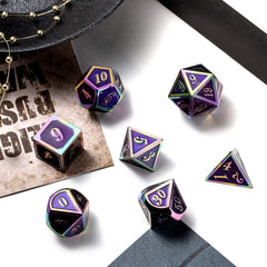 DNDND purple metal D20 die highlighted by a rainbow frame on a gaming table