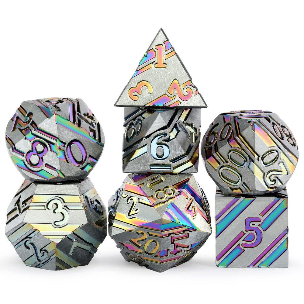 DNDND rainbow stripe metal dice set for immersive gameplay.