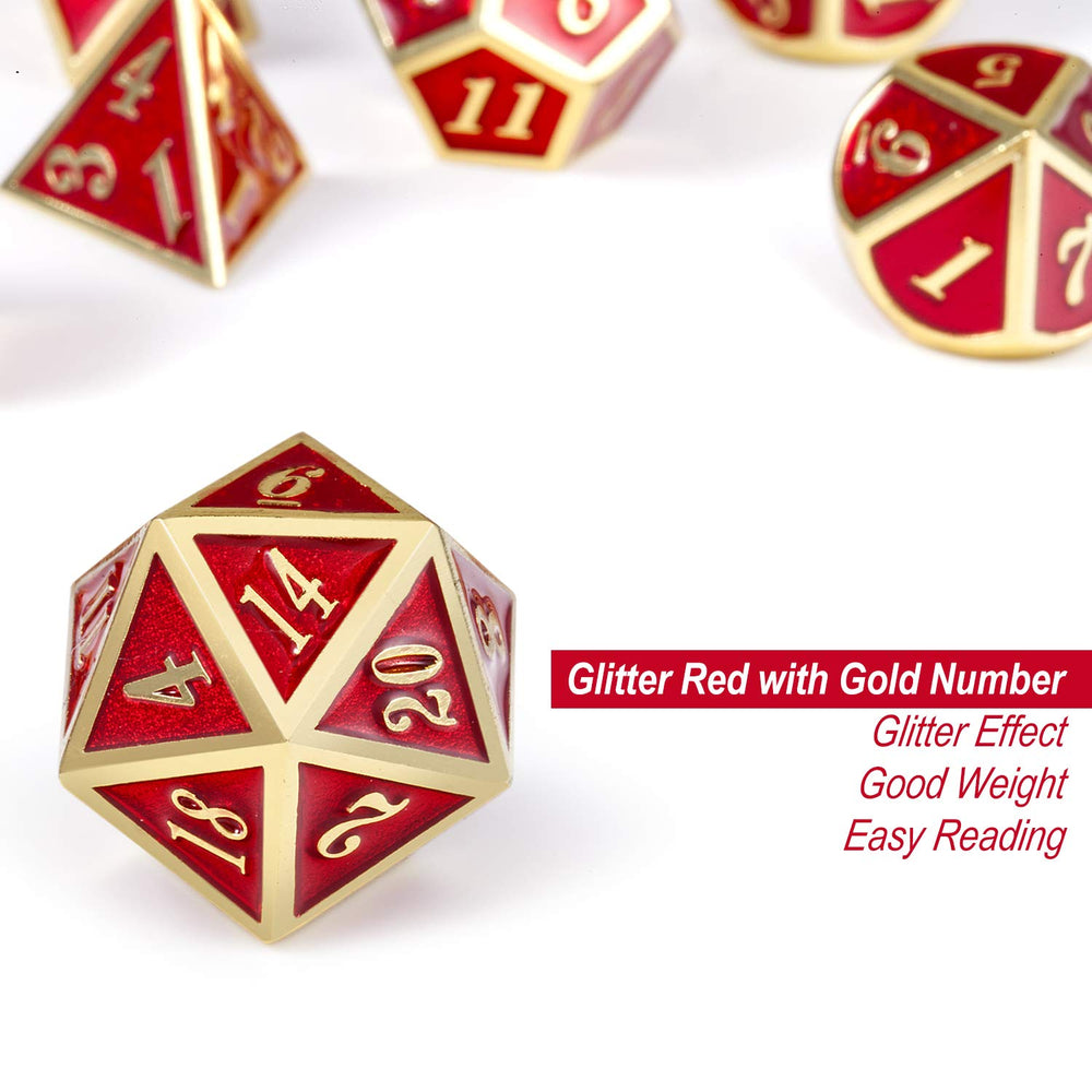 DNDND ruby red D12 die features high-contrast gold numbers for readability.