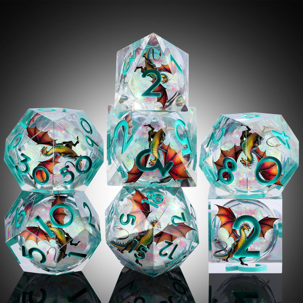 DNDND Shinny aqua dice macro shot highlighting color and translucence