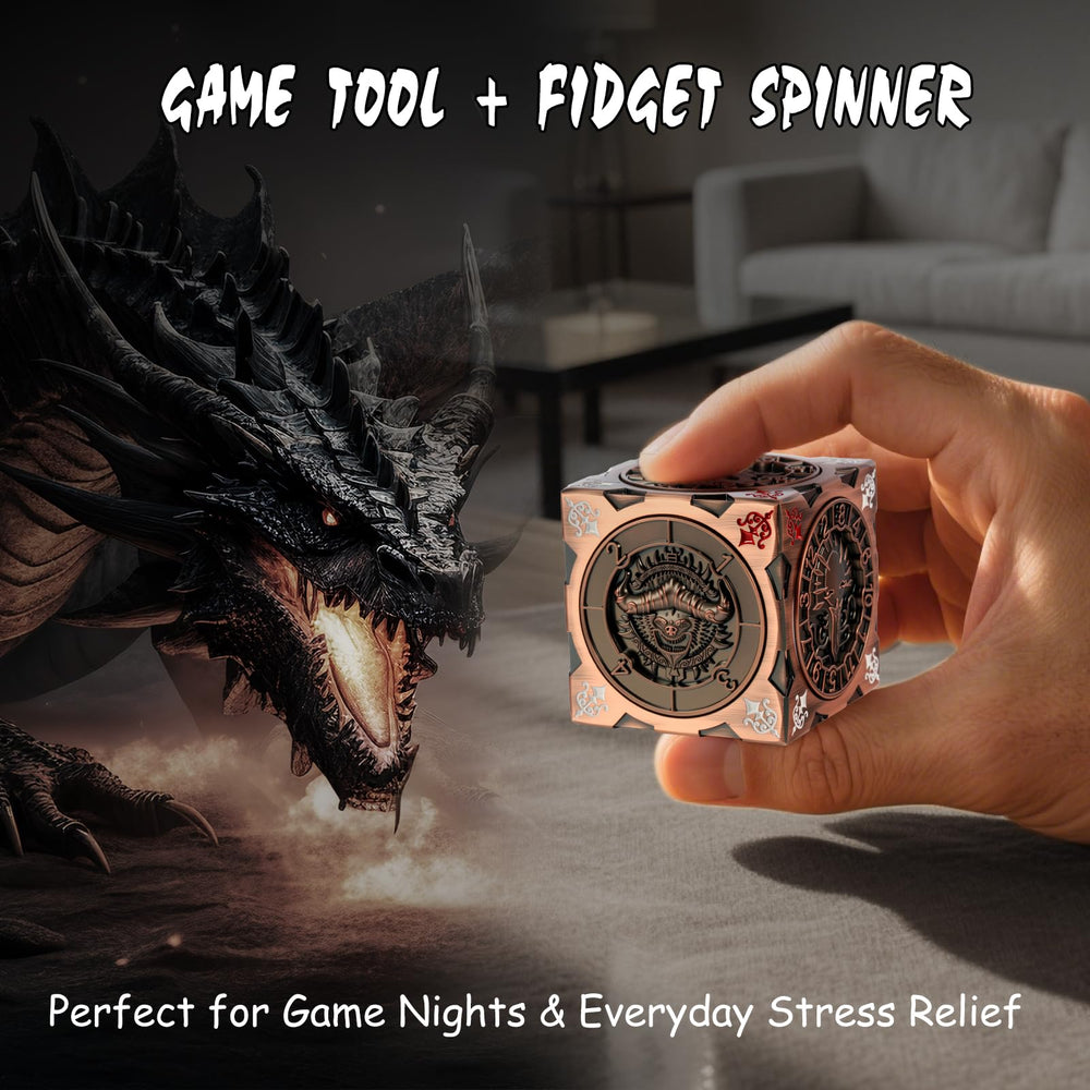 DNDND Spinner Dice Cube face engravings with Gynosphinx for mystical charm.