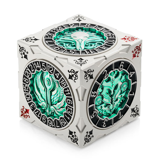 DNDND spinner dice cube in silver-green finishes adds sleek style to D&D sessions