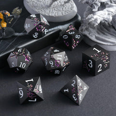 DNDND table-top RPG scene featuring seven-piece flower dice set.