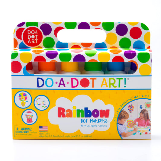 Do A Dot Art! Markers 6-Pack Rainbow bottles show vibrant colors for classroom crafts.