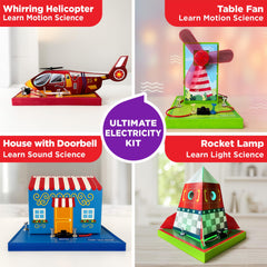 Electricity projects from Doctor Jupiter kit featuring circuits and safe components for kids.