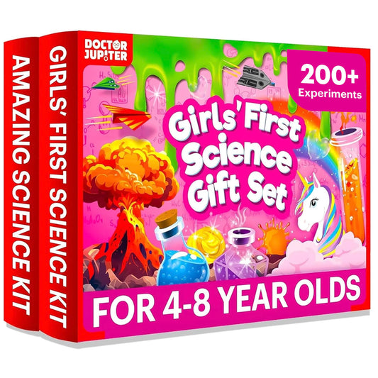 Doctor Jupiter Girls’ First Science Gift Set box opens to reveal two learning kits for curious kids.