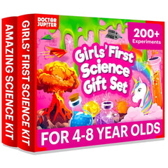 Doctor Jupiter Girls’ First Science Gift Set box opens to reveal two learning kits for curious kids.