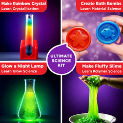 Water science exploration scene from Doctor Jupiter kit with colorful liquids and measuring tools.