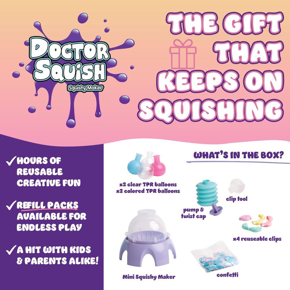 Slime powder yields squeezable textures in Doctor Squish Mini Squishy Maker projects.