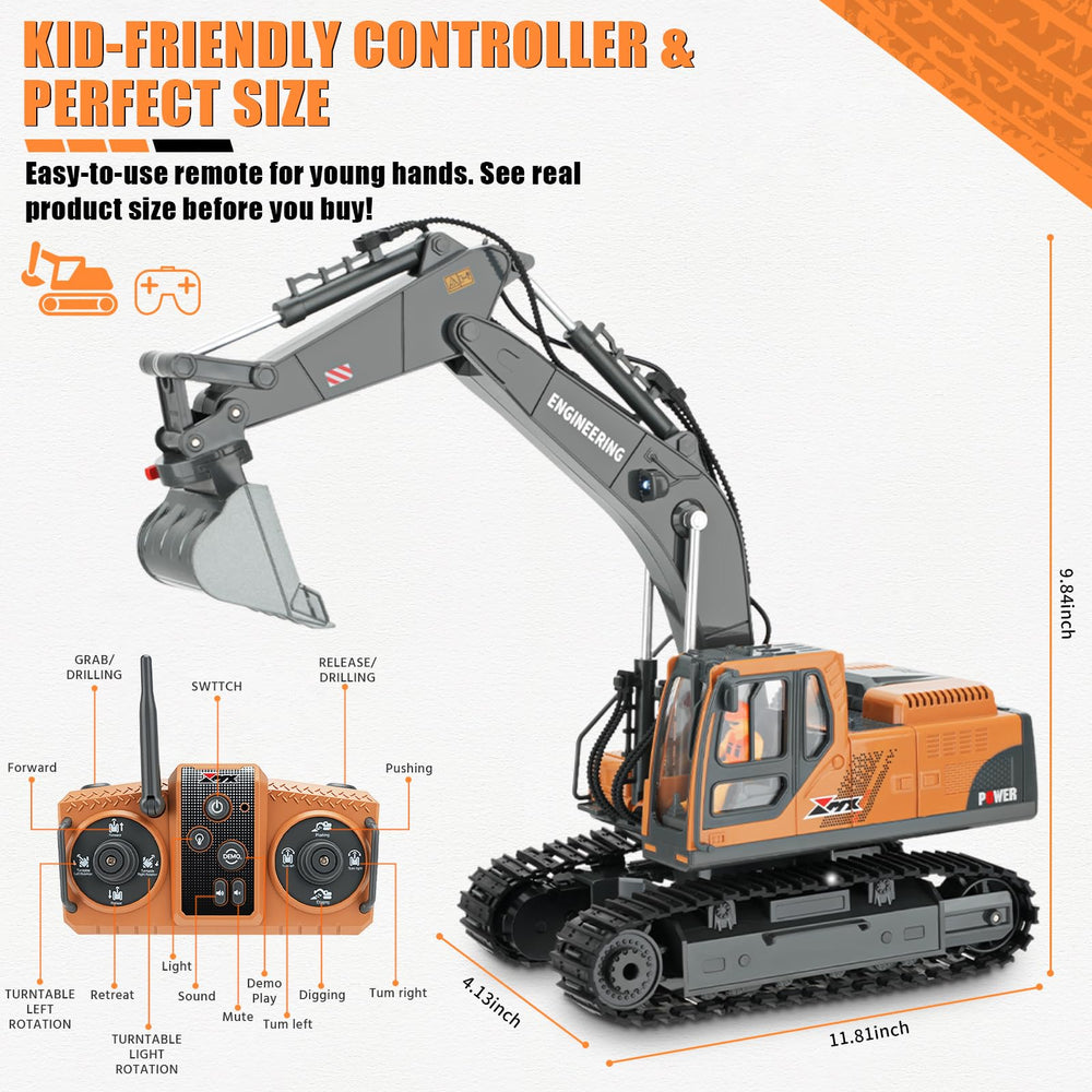 Dogern RC Excavator Toy rugged tracks on durable ABS chassis