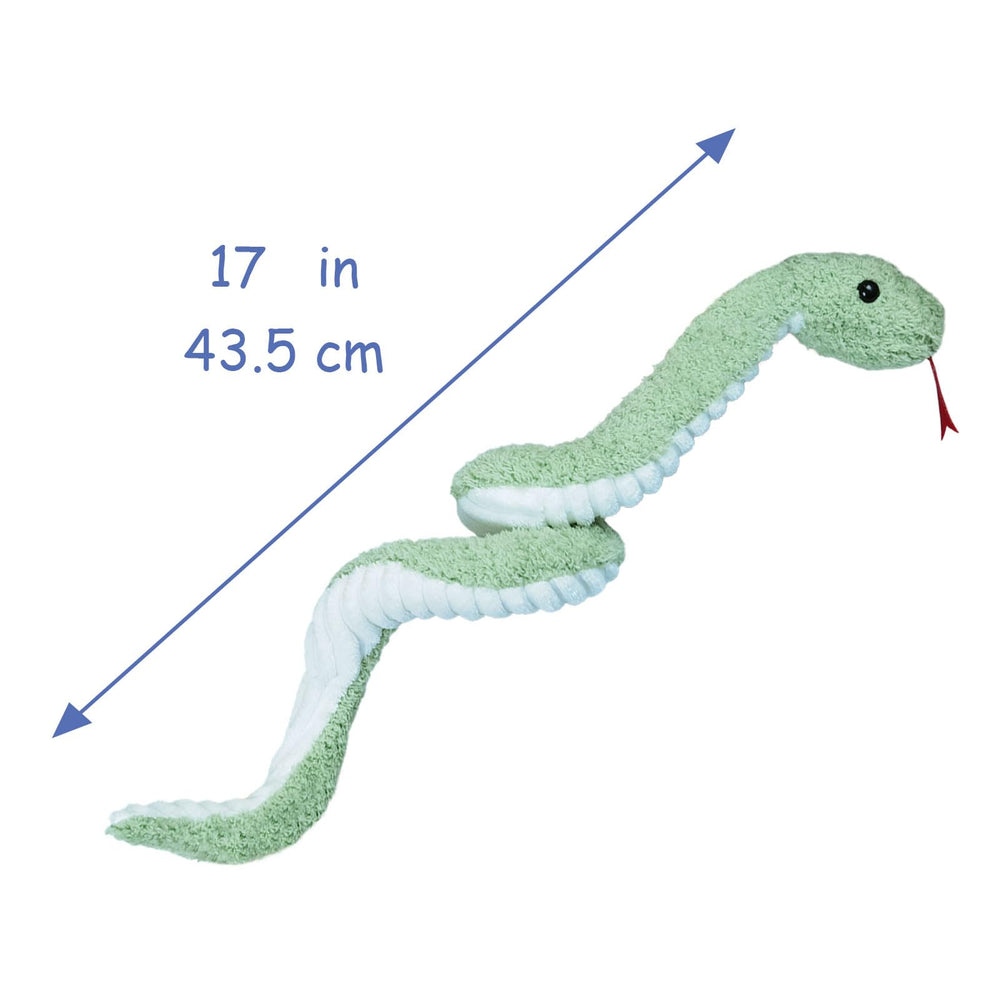 Doindute green plush snake with sunny colors, ideal for imaginative playtime.