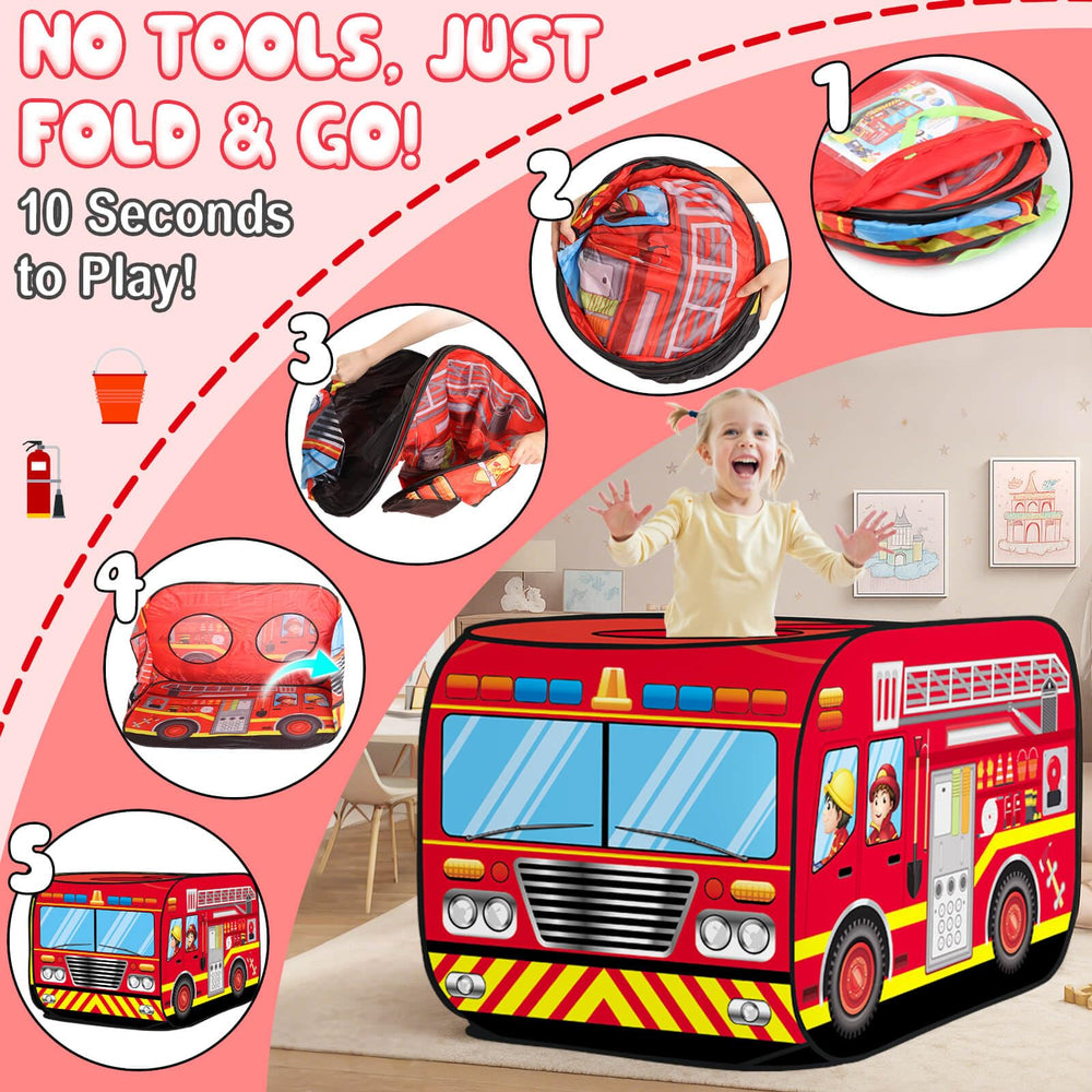 Dolanus Fire Truck Play Tent open door shows easy access for kids
