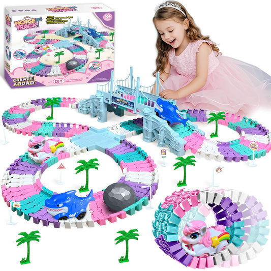 Dolanus unicorn car race track set promotes imaginative play with flexible layouts.