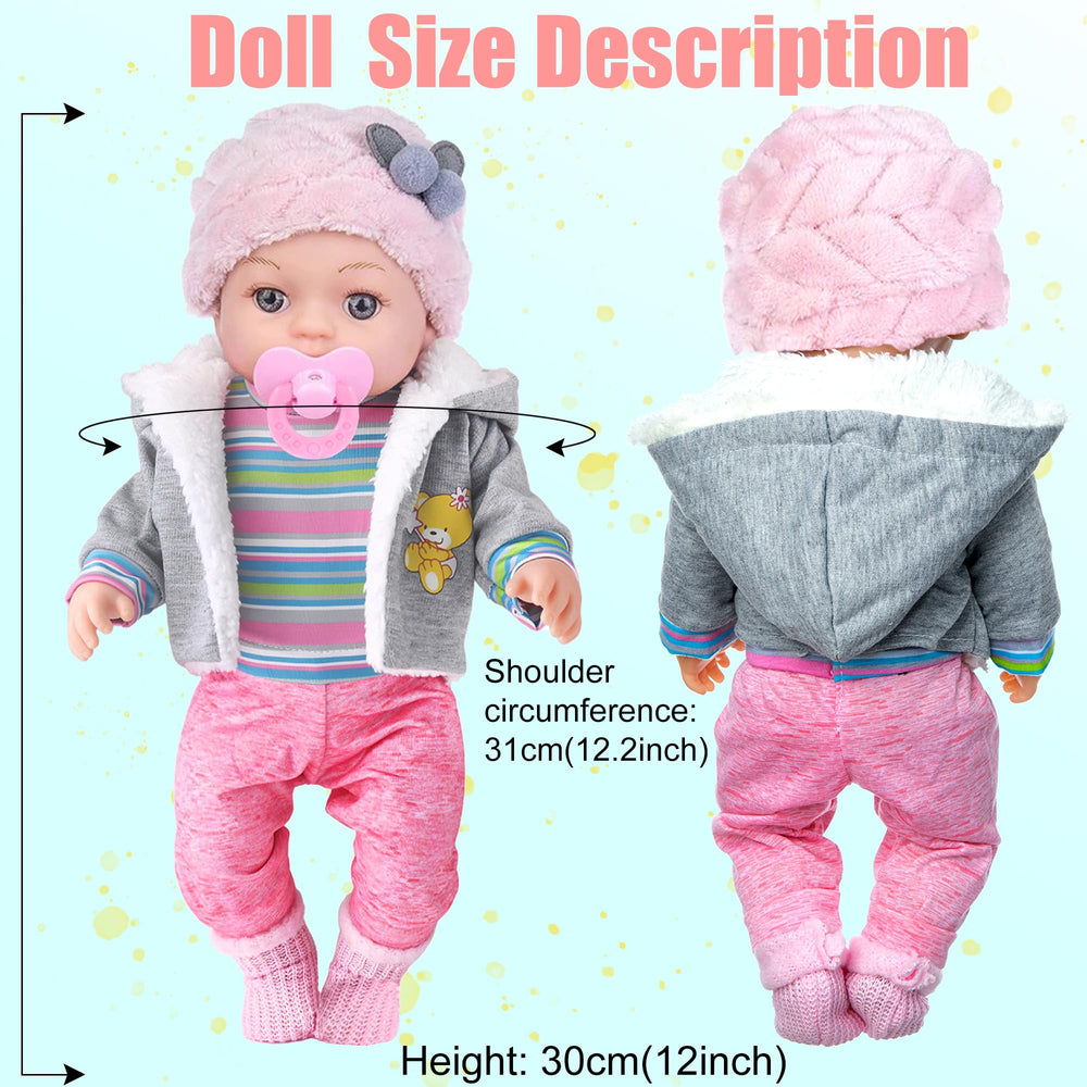 Dollbie four accessories including hat, booties, and pacifier for varied nurturing play.