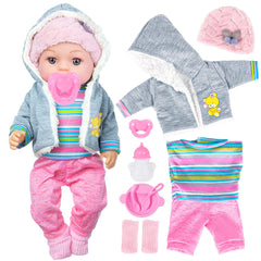 Dollbie feeding playset with bowl, spoons, and bottle supports mealtime role-play.