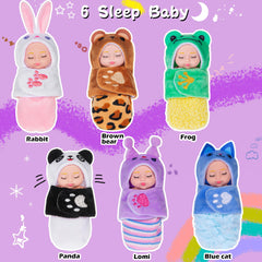 Dollbie panda mini doll with sleeping bag for bedtime fun.