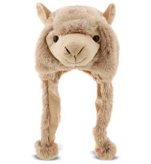 DolliBu brown llama plush hat front view shows warm, playful design for kids and adults