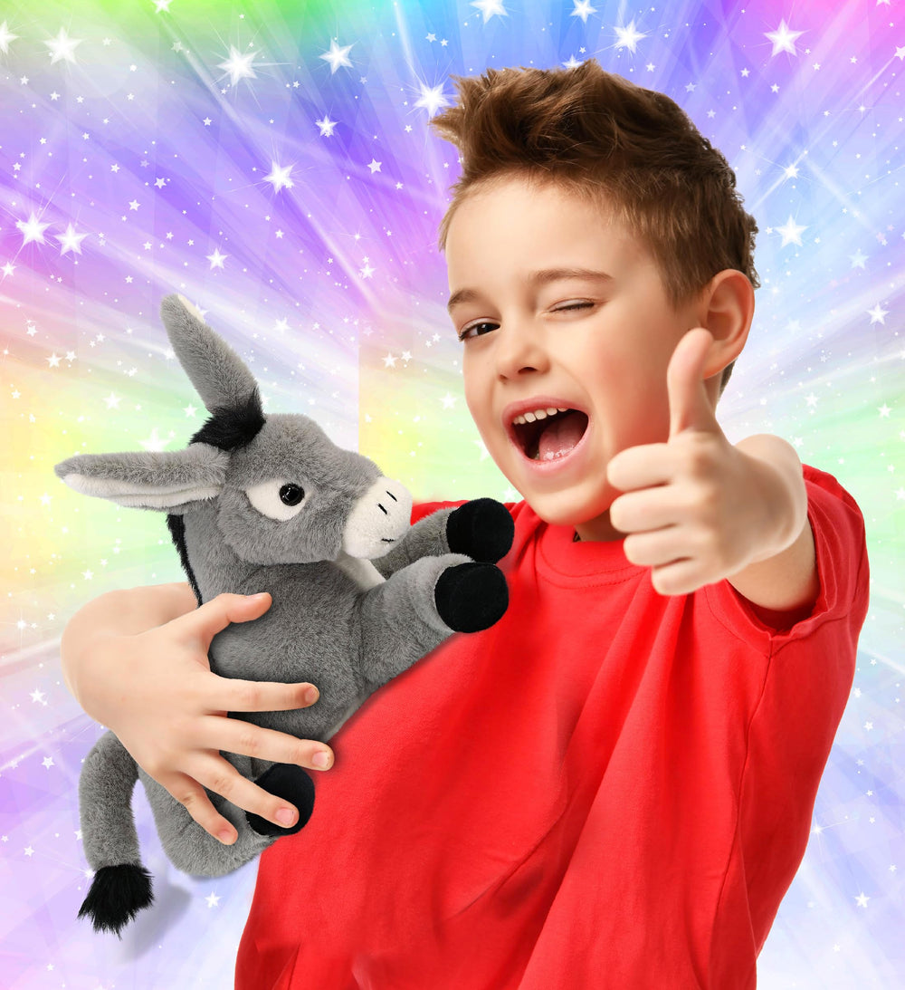 DolliBu laying donkey plush face with friendly muzzle for imaginative play