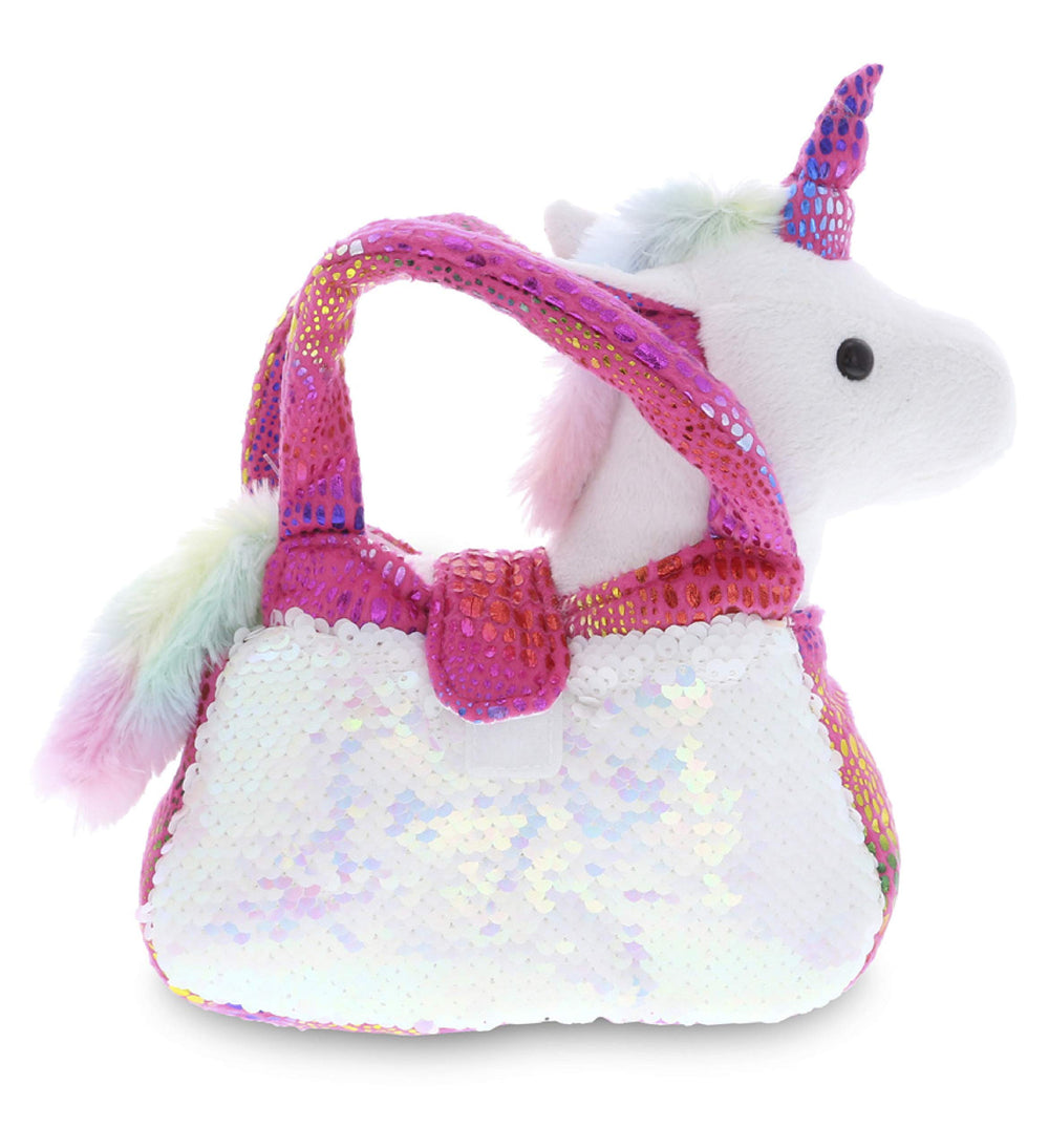 DolliBu pink unicorn plush tucked inside carrier for imaginative play