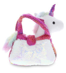 DolliBu pink unicorn plush tucked inside carrier for imaginative play