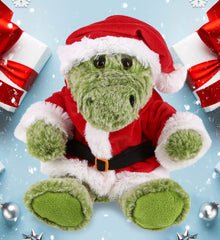 DolliBu pom-pom Santa hat detail on plush toy, cozy seasonal touch.