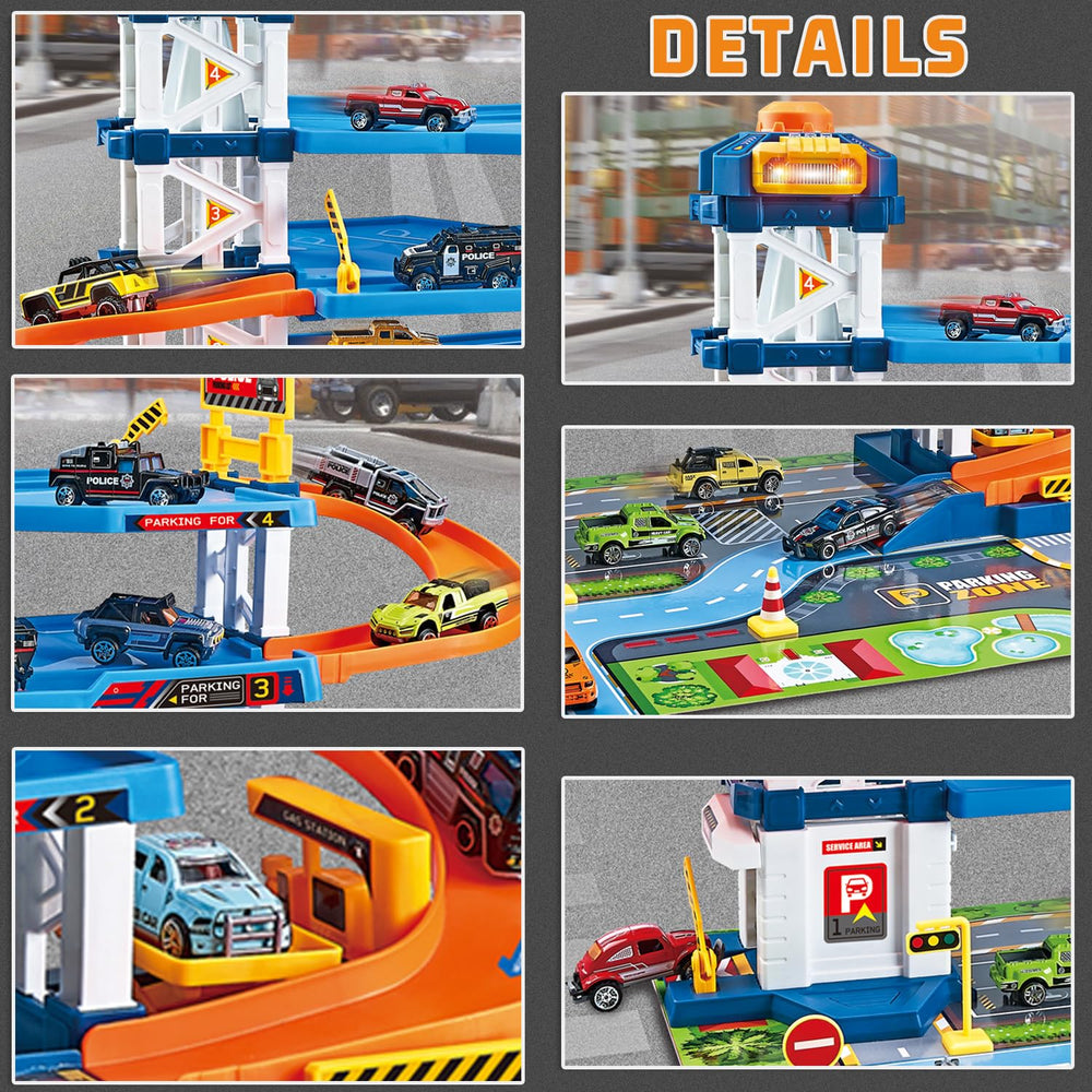Dollox spiral track assembly—smooth curves deliver fast car descents.