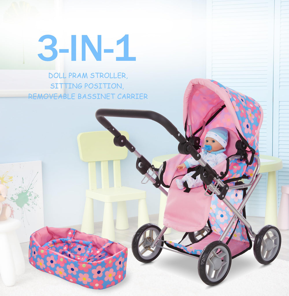 Dolls To Play adjustable handle 25-inch stroller enabling comfortable pushing by kids.