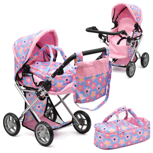 Dolls To Play baby doll convertible pram blue with 25-inch compatibility for versatile play sessions.